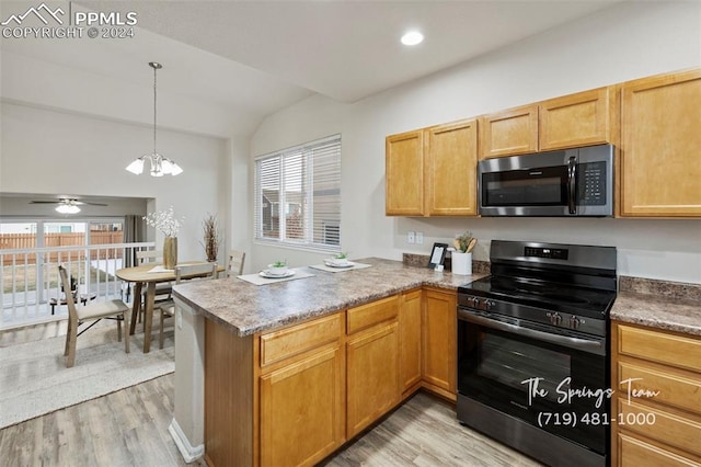 kitchen featuring kitchen peninsula, stainless steel appliances, a healthy amount of sunlight, and light hardwood / wood-style floors