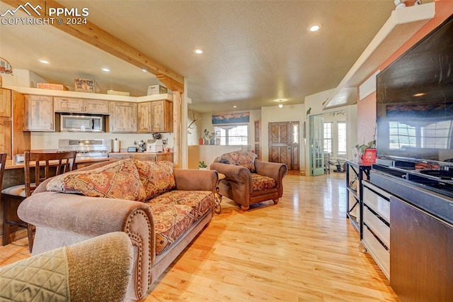 living room featuring beam ceiling, french doors, a wealth of natural light, and light hardwood / wood-style flooring