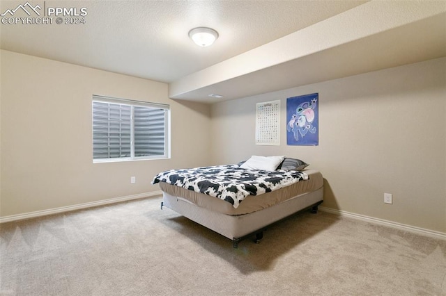 bedroom featuring light colored carpet