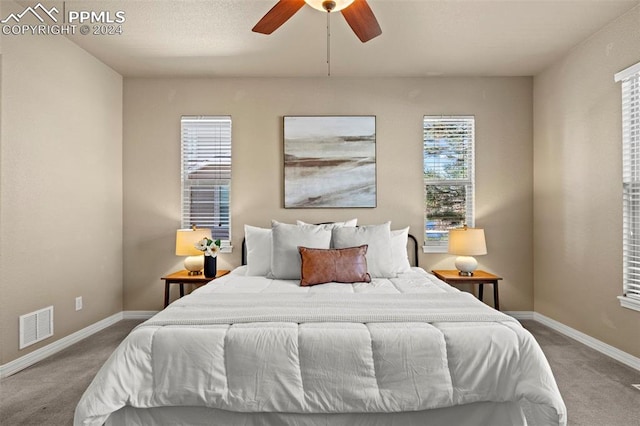 bedroom with multiple windows, ceiling fan, and carpet