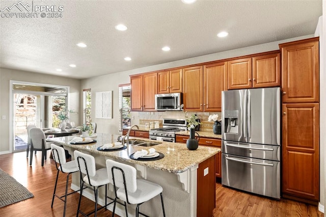 kitchen with sink, light stone countertops, an island with sink, appliances with stainless steel finishes, and light hardwood / wood-style floors