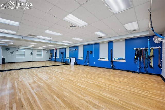 exercise area with a paneled ceiling and light hardwood / wood-style floors