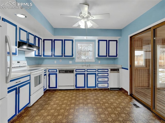 kitchen with sink, white appliances, blue cabinetry, and ceiling fan