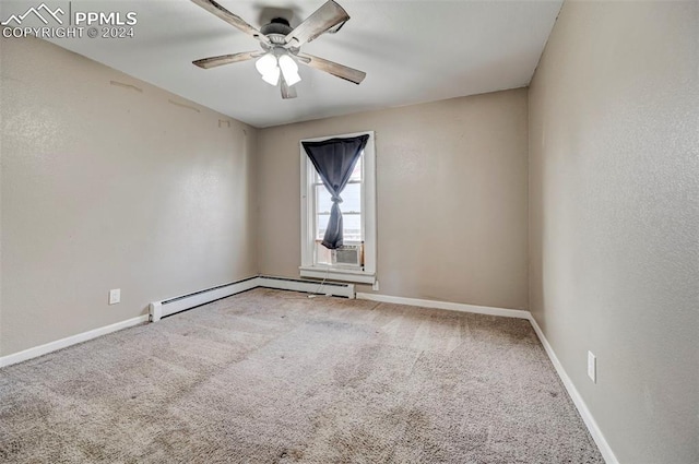 unfurnished room featuring carpet, ceiling fan, and a baseboard heating unit