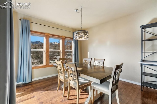 dining room featuring wood-type flooring and an inviting chandelier