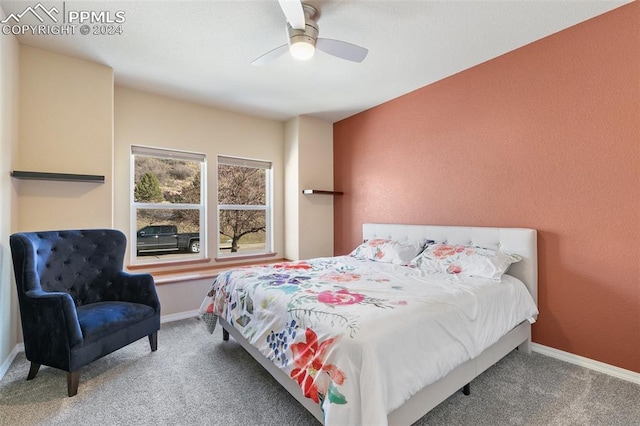 bedroom featuring carpet and ceiling fan