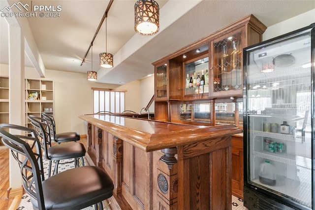 bar with decorative light fixtures, light hardwood / wood-style floors, and a wealth of natural light