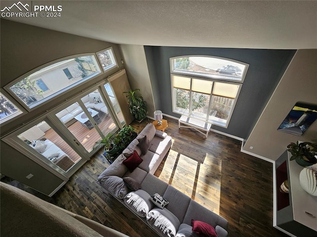 living room with dark wood-type flooring and a textured ceiling