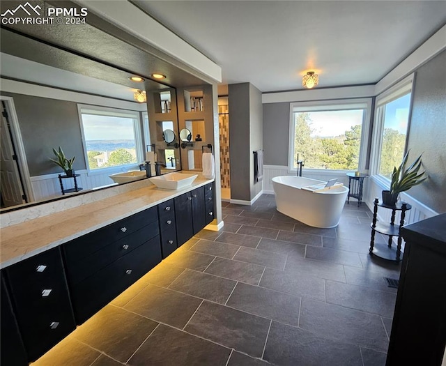 bathroom featuring plenty of natural light, a bath, and vanity