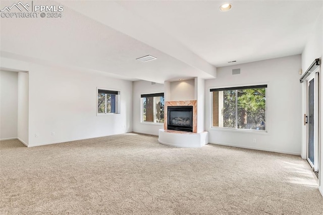 unfurnished living room with light carpet