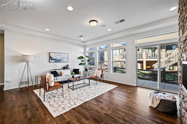 living room with dark hardwood / wood-style floors