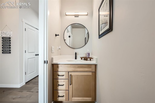 bathroom with hardwood / wood-style floors and vanity