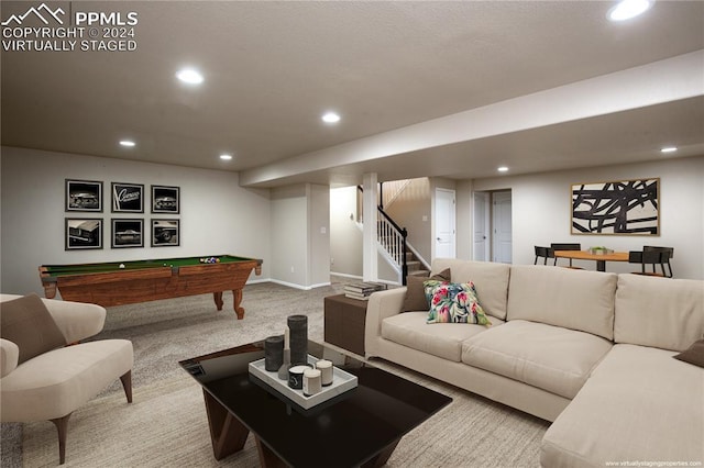 carpeted living room featuring billiards