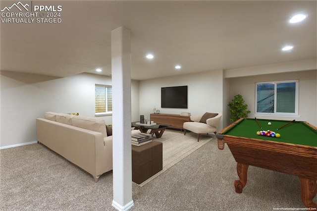 recreation room with carpet floors and pool table