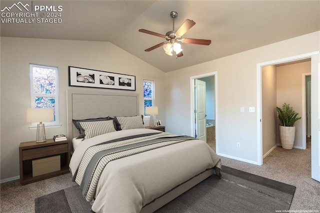 carpeted bedroom featuring ensuite bath, ceiling fan, multiple windows, and lofted ceiling