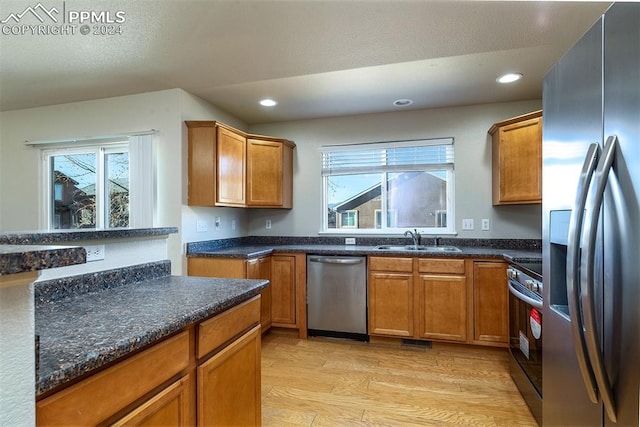 kitchen featuring light hardwood / wood-style floors, dark stone countertops, sink, and appliances with stainless steel finishes