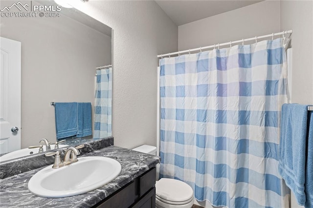 bathroom featuring curtained shower, vanity, and toilet