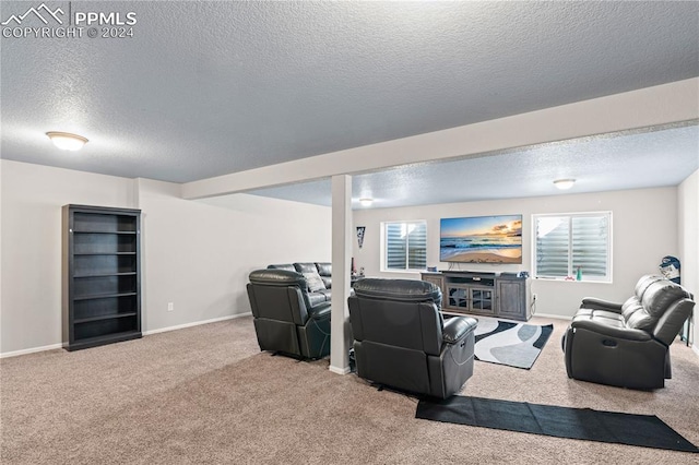 carpeted living room featuring a textured ceiling