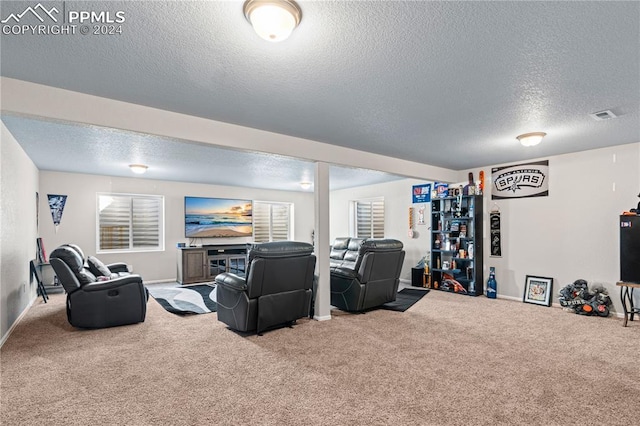 carpeted living room with a textured ceiling