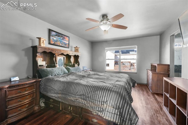 bedroom featuring ceiling fan and dark hardwood / wood-style floors