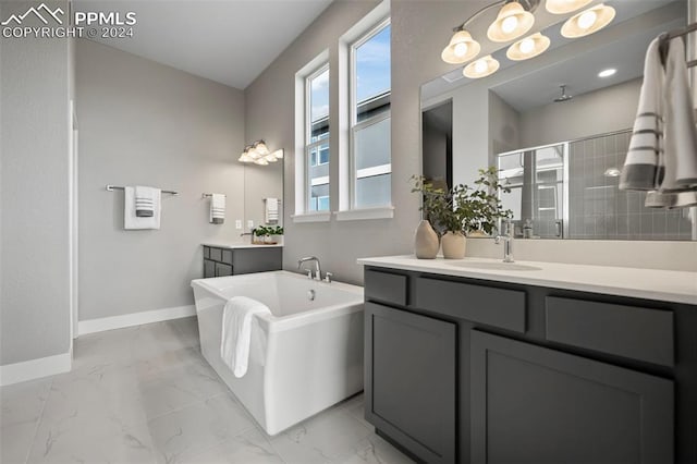 bathroom with shower with separate bathtub and vanity