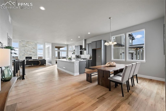 dining area with a fireplace, light wood-type flooring, and plenty of natural light