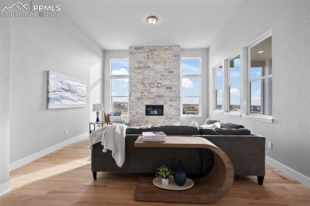 living room with light hardwood / wood-style flooring and a stone fireplace