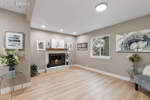 living room with light hardwood / wood-style floors and a fireplace