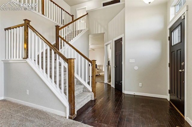 foyer entrance featuring a towering ceiling and dark wood-type flooring