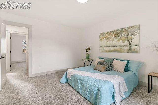 bedroom featuring light carpet