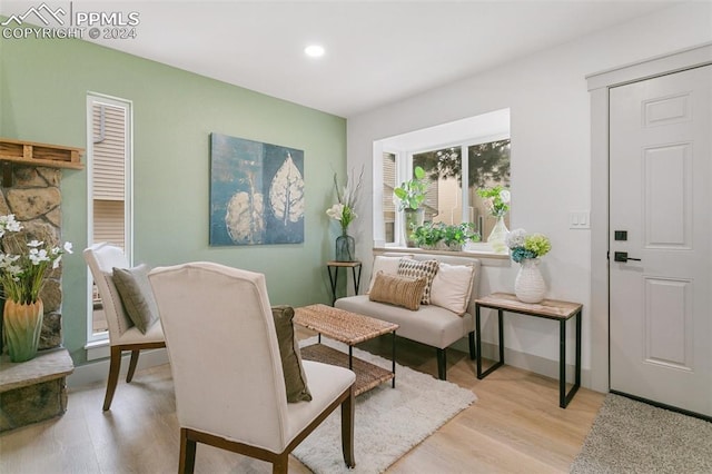 living area with light hardwood / wood-style flooring