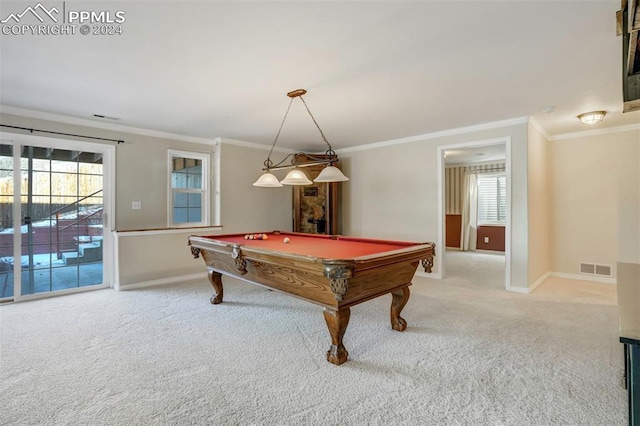 game room with crown molding, carpet, and pool table