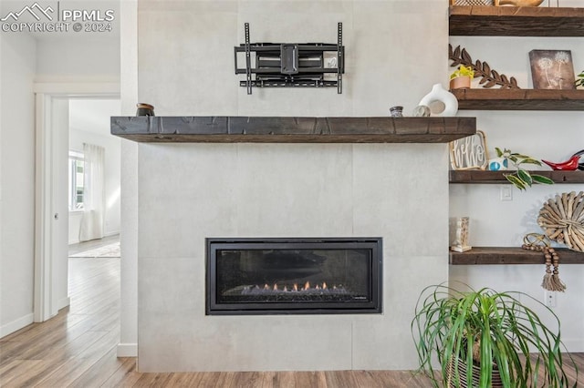 room details with a tile fireplace and hardwood / wood-style flooring