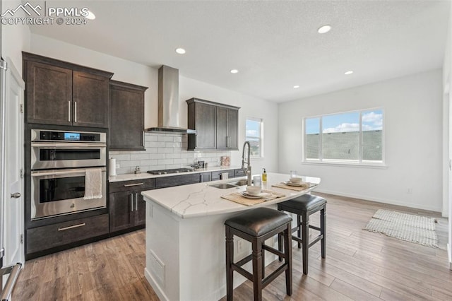 kitchen with wall chimney range hood, sink, light hardwood / wood-style flooring, an island with sink, and appliances with stainless steel finishes