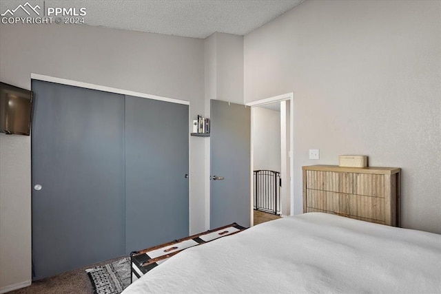 carpeted bedroom with a closet, a towering ceiling, and a textured ceiling