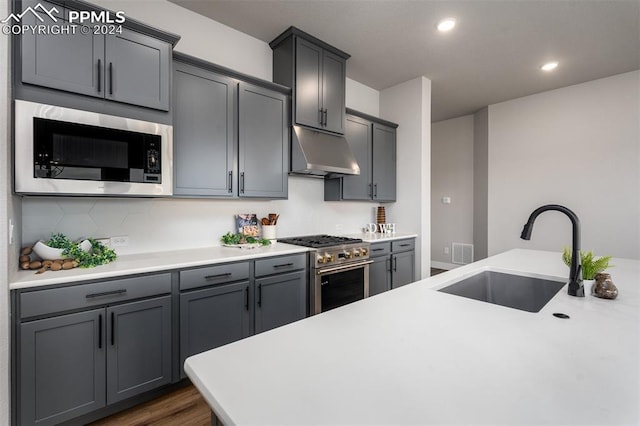 kitchen with appliances with stainless steel finishes, backsplash, gray cabinetry, sink, and dark hardwood / wood-style floors