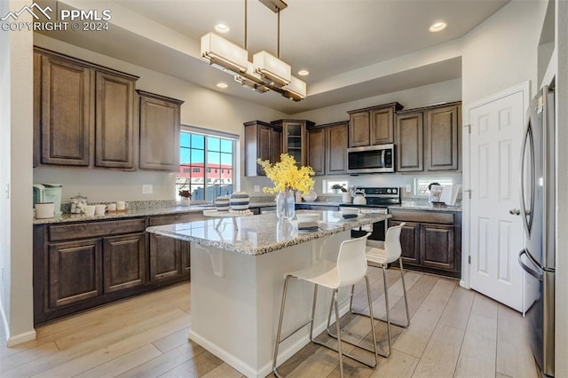 kitchen with pendant lighting, a center island, light wood-type flooring, appliances with stainless steel finishes, and light stone counters