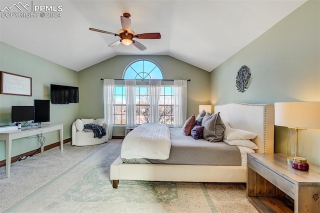 bedroom with carpet, ceiling fan, and lofted ceiling