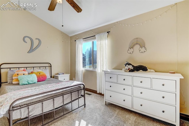 bedroom featuring light colored carpet, ceiling fan, and lofted ceiling