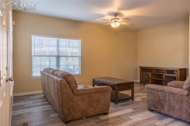 living room with ceiling fan and hardwood / wood-style floors