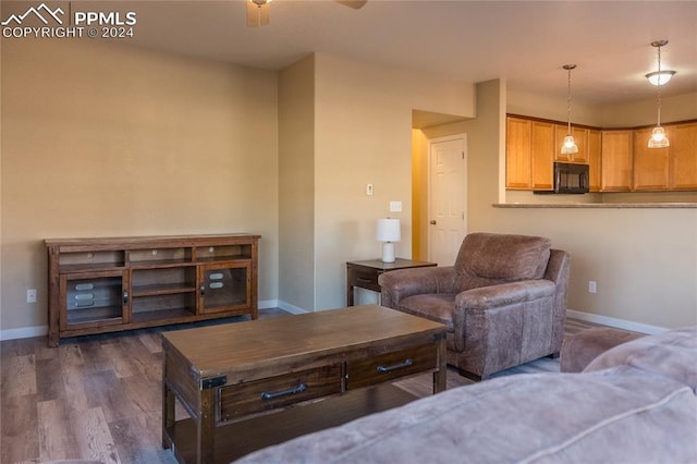 living room with ceiling fan and dark hardwood / wood-style flooring