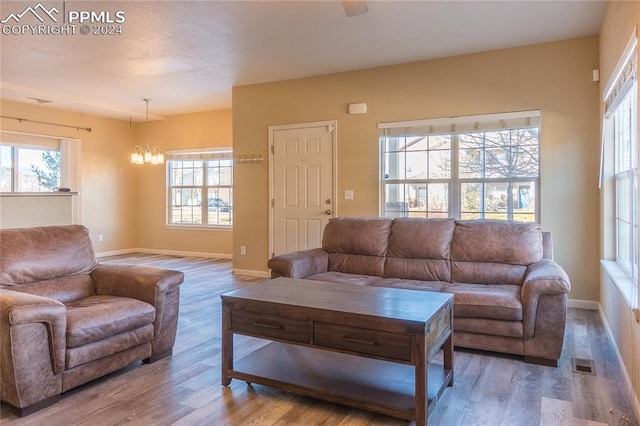 living room with a chandelier and wood-type flooring