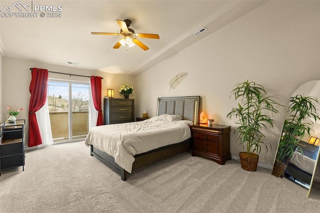 bedroom with access to outside, ceiling fan, lofted ceiling, and light colored carpet