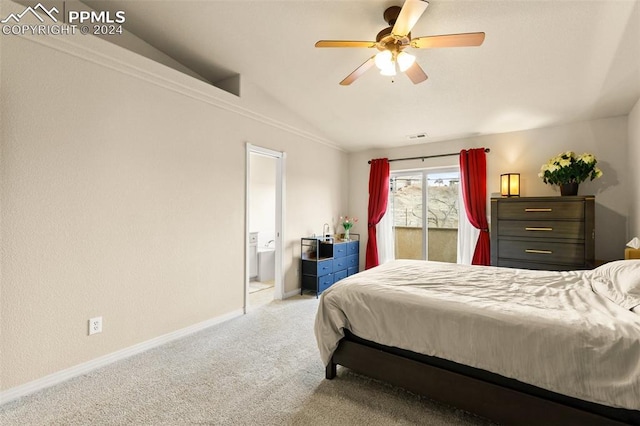 bedroom with connected bathroom, ceiling fan, light carpet, and lofted ceiling