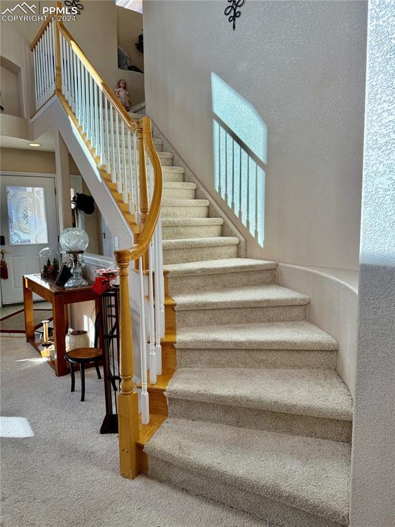 staircase featuring carpet and a high ceiling