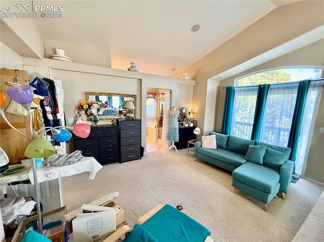 interior space with carpet and vaulted ceiling