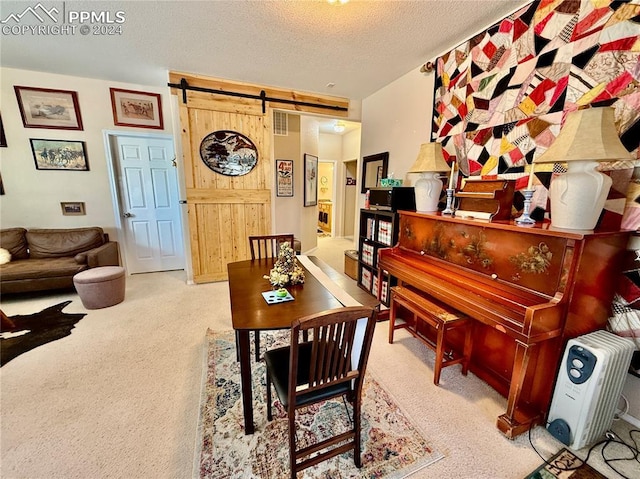 interior space featuring a barn door, carpet, and a textured ceiling