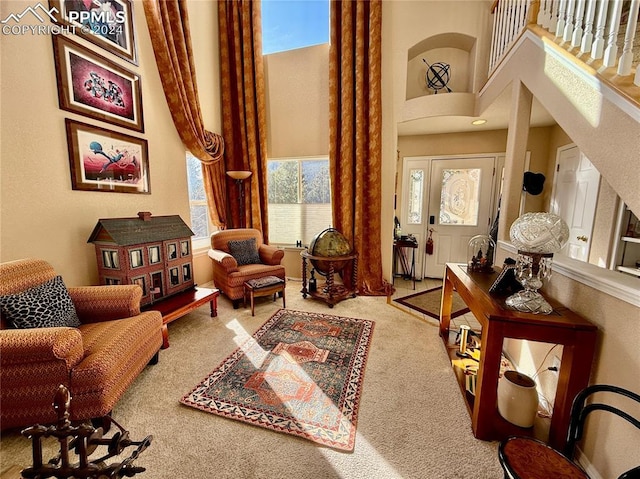 sitting room featuring carpet flooring and a high ceiling