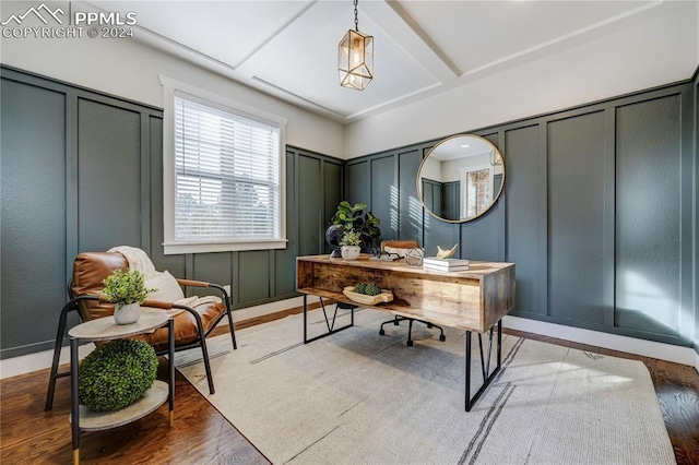 home office with hardwood / wood-style floors