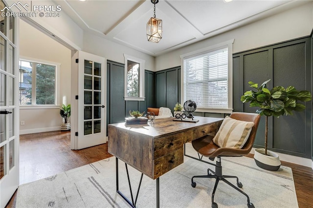 office featuring plenty of natural light, hardwood / wood-style floors, and french doors